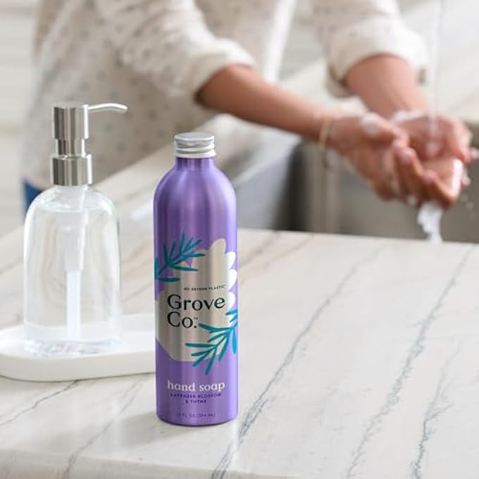 Grove Co. HYDRATING GEL HAND SOAP REFILLS (2 X 13 FL OZ) + 1 X REUSEABLE GLASS SOAP DISPENSER, PLASTIC-FREE & LIQUID REFILLABLE STARTER KIT, NATURAL LAVENDER BLOSSOM & THYME FRAGRANCE - Image 4